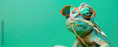 A charismatic chameleon donning orange sunglasses against a monochromatic green background.