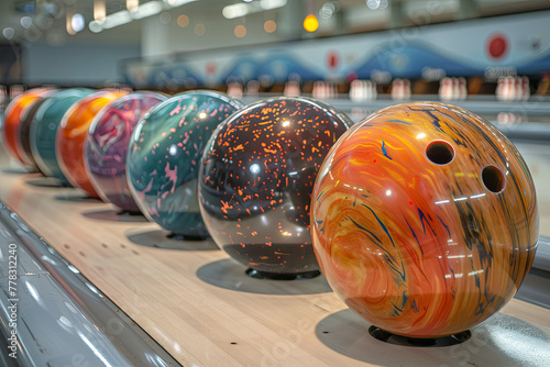 Image of tenpin bowling balls in different sizes and colours at bowling centre photo