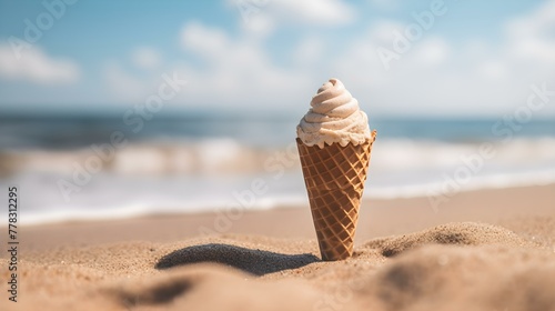 Close up of a light brown Ice Cream Cone at the Beach. Beautiful Summer Vacation Background