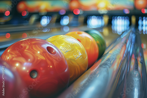 Image of tenpin bowling balls in different sizes and colours at bowling centre photo