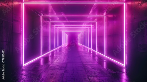 Geometric purple neon lights in dark corridor evoke depth