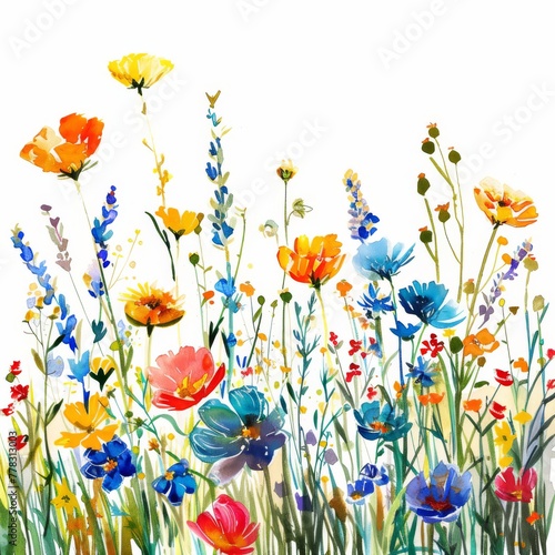 A vibrant field of summer wildflowers, watercolor clipart on white background