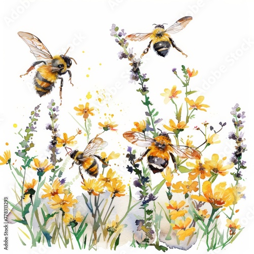 Clipart of a buzzing summer bee garden  watercolor on white background