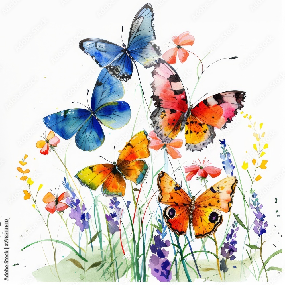 Clipart of vibrant watercolor butterflies in a summer garden on white background