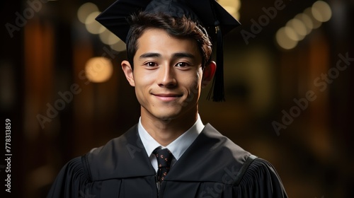 Young asian man wearing graduate uniform smiling happily