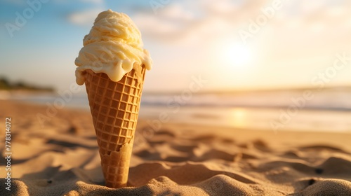 Close up of a light yellow Ice Cream Cone at the Beach. Beautiful Summer Vacation Background