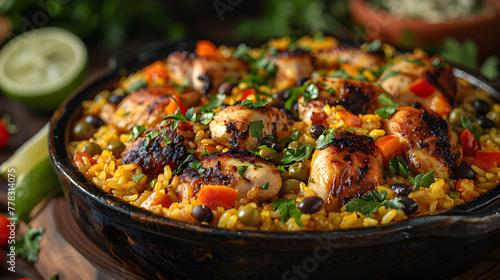 Cuban Arroz con Pollo on a Decorated Table with Fresh Ingredients and Seasonings