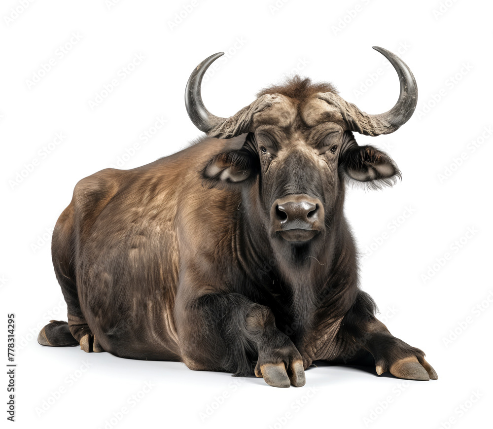 Serene African buffalo laying down front view Serene African buffalo laying down front view