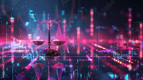 Captivating illustration of scales unbalanced with chart columns, the higher side representing achievement, complemented by a background filled with flowing digital data