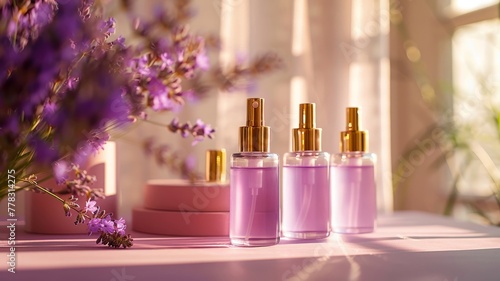 Lavender skincare bottles with golden caps on a dual-tone background