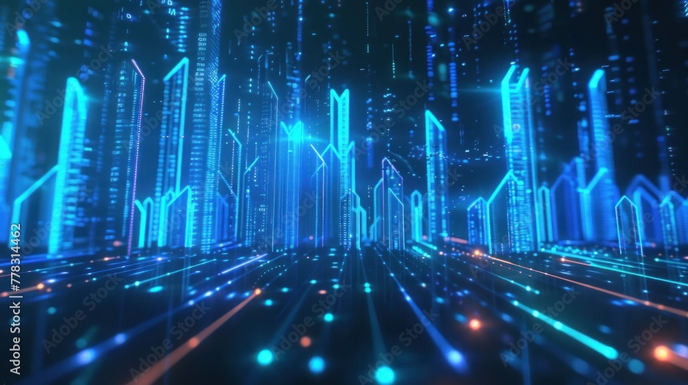 Futuristic scene with blue and cyan neon bars for financial data. Futuristic scene with blue and cyan neon bars for financial data.