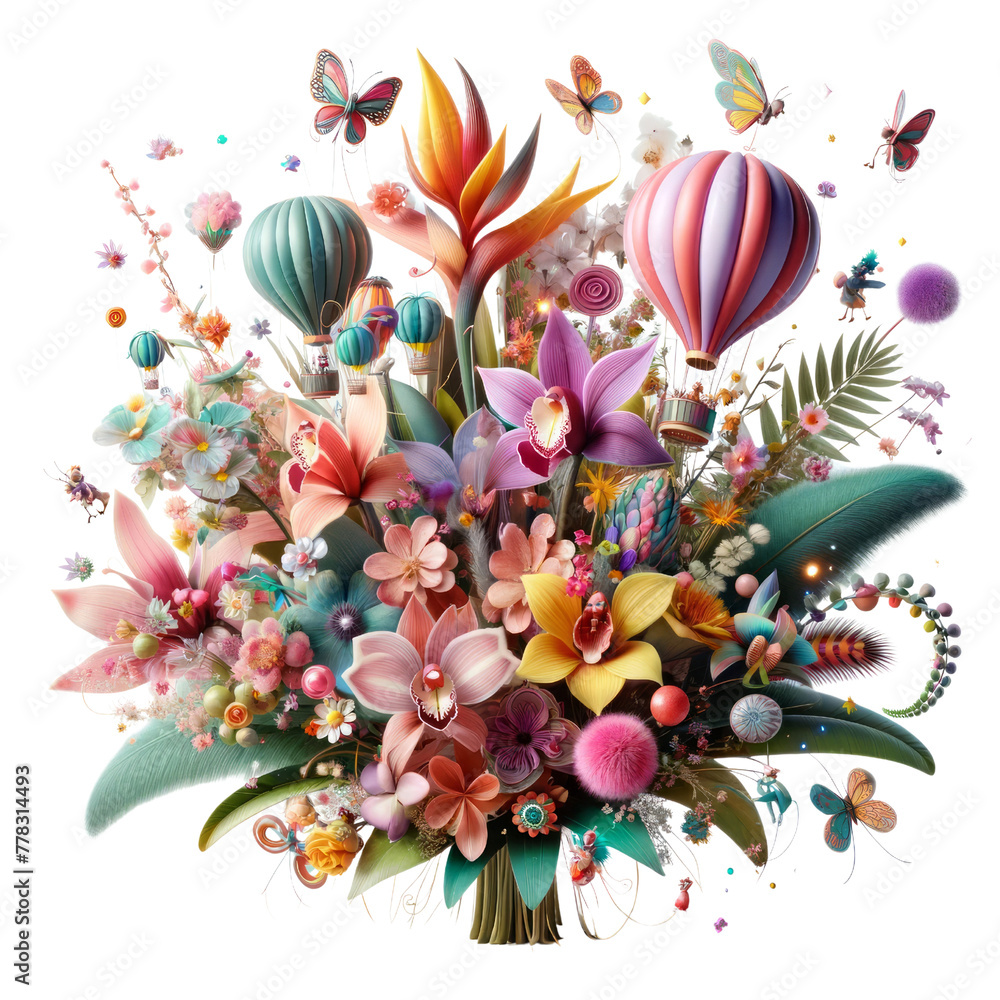 A bouquet of flowers with a variety of colors and shapes, including a large pink, gift, flower, 3D render, isolated on a transparent background