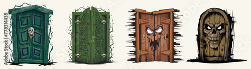 Haunted spooky creepy open door set for halloween, Generative Ai