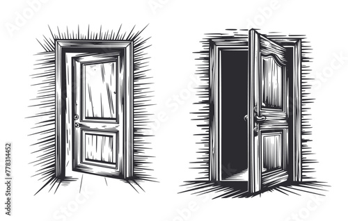 Haunted spooky creepy open door in vintage style, Generative Ai