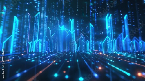 Futuristic scene with blue and cyan neon bars for financial data.