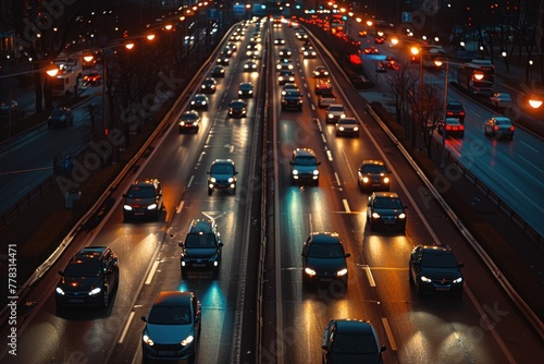 Road at night full with cars driving photo
