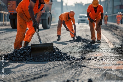 Road construction workers teamwork background