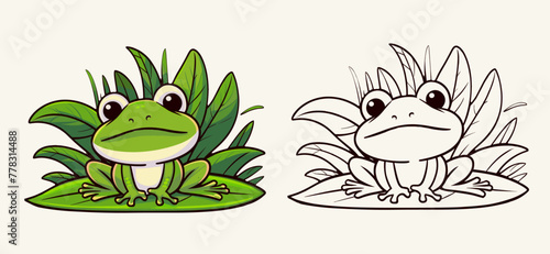 Cartoon happy cute frog sitting on a leaf, Generative Ai