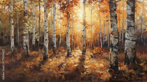 Autumn oil painting of birch forest at sunset, capturing warm hues and dappled light filtering through trees.
