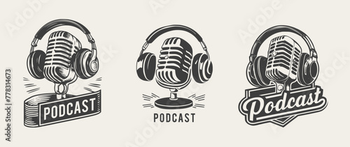 Podcast logo set vintage retro style, Generative Ai