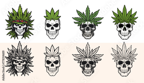 skulls with marijuana leaves on heads, Generative Ai
