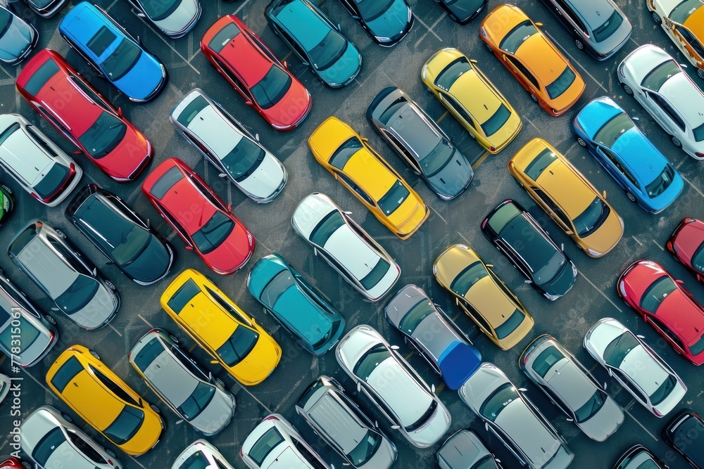 Top aerial view of many different cars standing in rows in parking lot. Multicolored cars