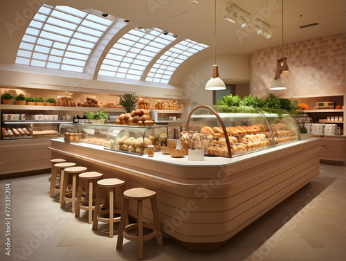 The interior of a modern grocery store that has the latest design style, neat and clean.