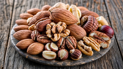 Gourmet Nuts Variety on Rustic Wood