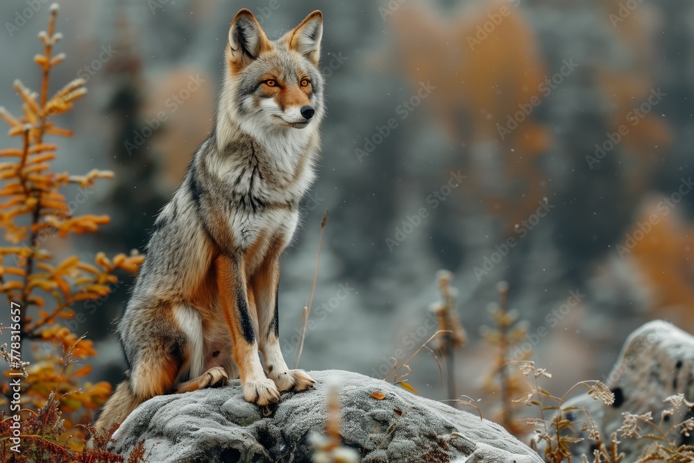 Fototapeta premium Red fox perched on a rock in autumn forest