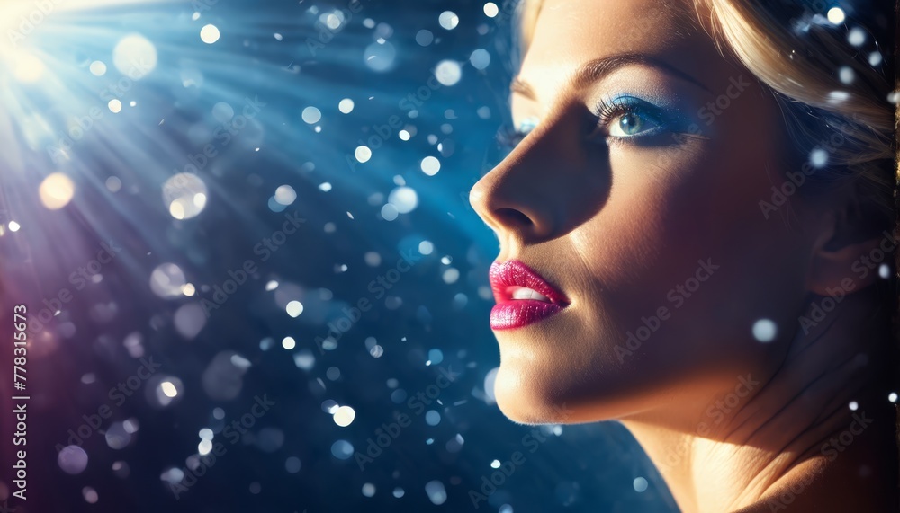 A stunning blonde woman, her bright blue eyes contrasting against the dark backdrop, wears pink lipstick Snowflakes and twinkling stars surround her A stunning blonde woman, her bright blue eyes contrasting against the dark backdrop, wears pink lipstick Snowflakes and twinkling stars surround her