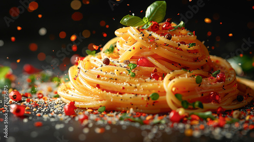 Floating gourmet pasta dish