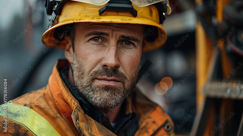 Retrato de una bombero con casco y uniforme Retrato de una bombero con casco y uniforme