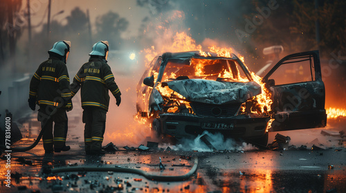 Bomberos en acción junto a un coche en llamas photo