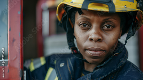 Retrato de una mujer bomber con casco y uniforme