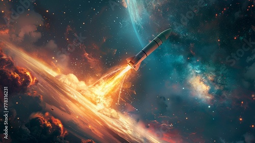 Illustration showing a rocketships dramatic departure from Earth, fire blazing beneath it, symbolizing human ambition and technological progress photo
