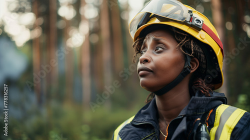 Retrato de una mujer bomber con casco y uniforme