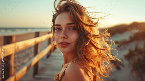 Portrait of gorgeous caucasian woman looking at camera in wooden boardwalk at beach, evening sun light, 