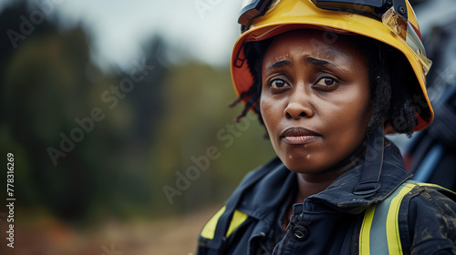 Retrato de una mujer bomber con casco y uniforme photo