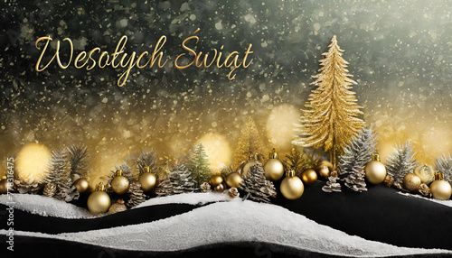 kartka lub baner z życzeniami Wesołych Świąt w złocie reprezentowanych przez zaśnieżone wzgórze z jodłami, złote i białe bombki oraz w tle czarno-złote niebo z brokatem