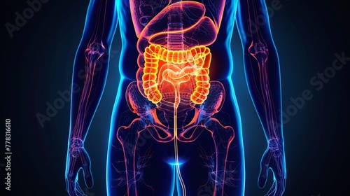 Schematic illustration of a mans lower abdomen, focusing on the bladder and its connections to the kidneys and urethra, using vibrant colors for educational clarity