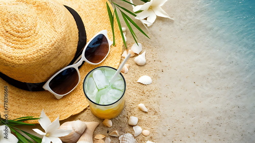 Top view of Summer Beach Vacation Essentials, Stylish Sunglasses, Straw Hat, ice, and Seashells photo