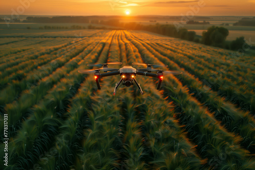 Drone hovering above agricultural field at dusk