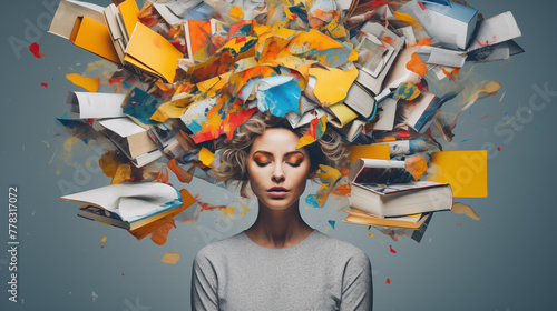 a woman with a stack of books,chaos of papers on her head , on her hands, is a concept of time management, a collage of modern art, colours from the 90s  photo