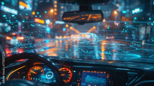 A view of the city streets from inside a high-tech car with a hologram presented on the car s glass.