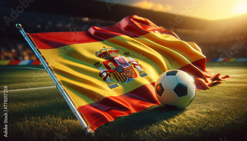 Soccer ball with Spain flag on a football field, Generative ai