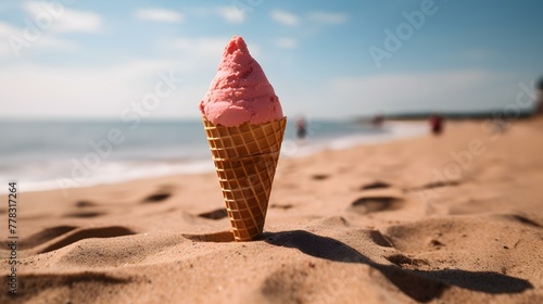 Close up of a red Ice Cream Cone at the Beach. Beautiful Summer Vacation Background