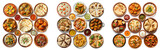 Desi, Indian traditional food set, top view. pizza, hummus, biryani, chicken curry, momos, tikka, korma, samosas.