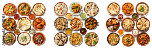 Desi, Indian traditional food set, top view. pizza, hummus, biryani, chicken curry, momos, tikka, korma, samosas.