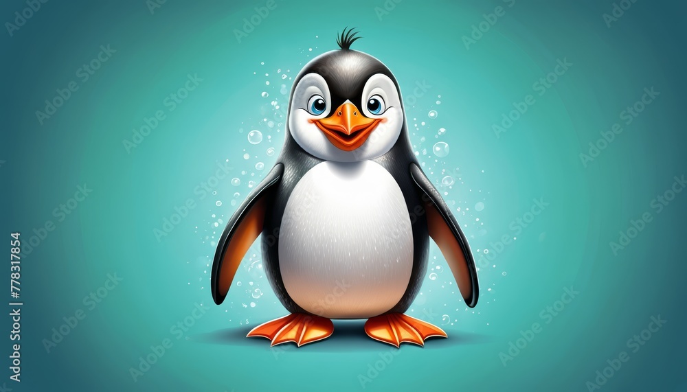 Obraz premium A penguin, positioned against a solid blue backdrop, sports bubbles atop its head