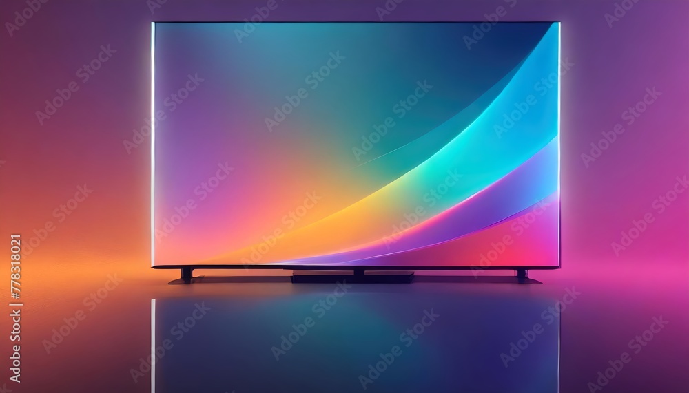 Naklejka premium Flat screen LED television on a background with abstract shapes and iridescent colors with yellow, pink, green, orange.